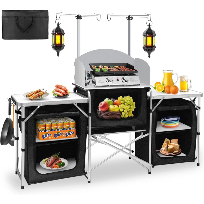 Camping Cooking Table With Storage - Estación de cocina plegable portátil para