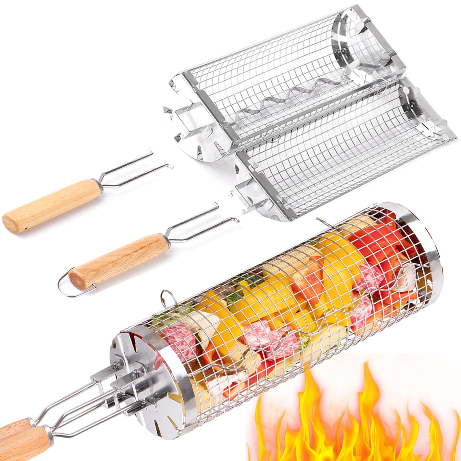 Camping Cooking Basket - BUYYES-cesta rodante para parrilla, tubo de