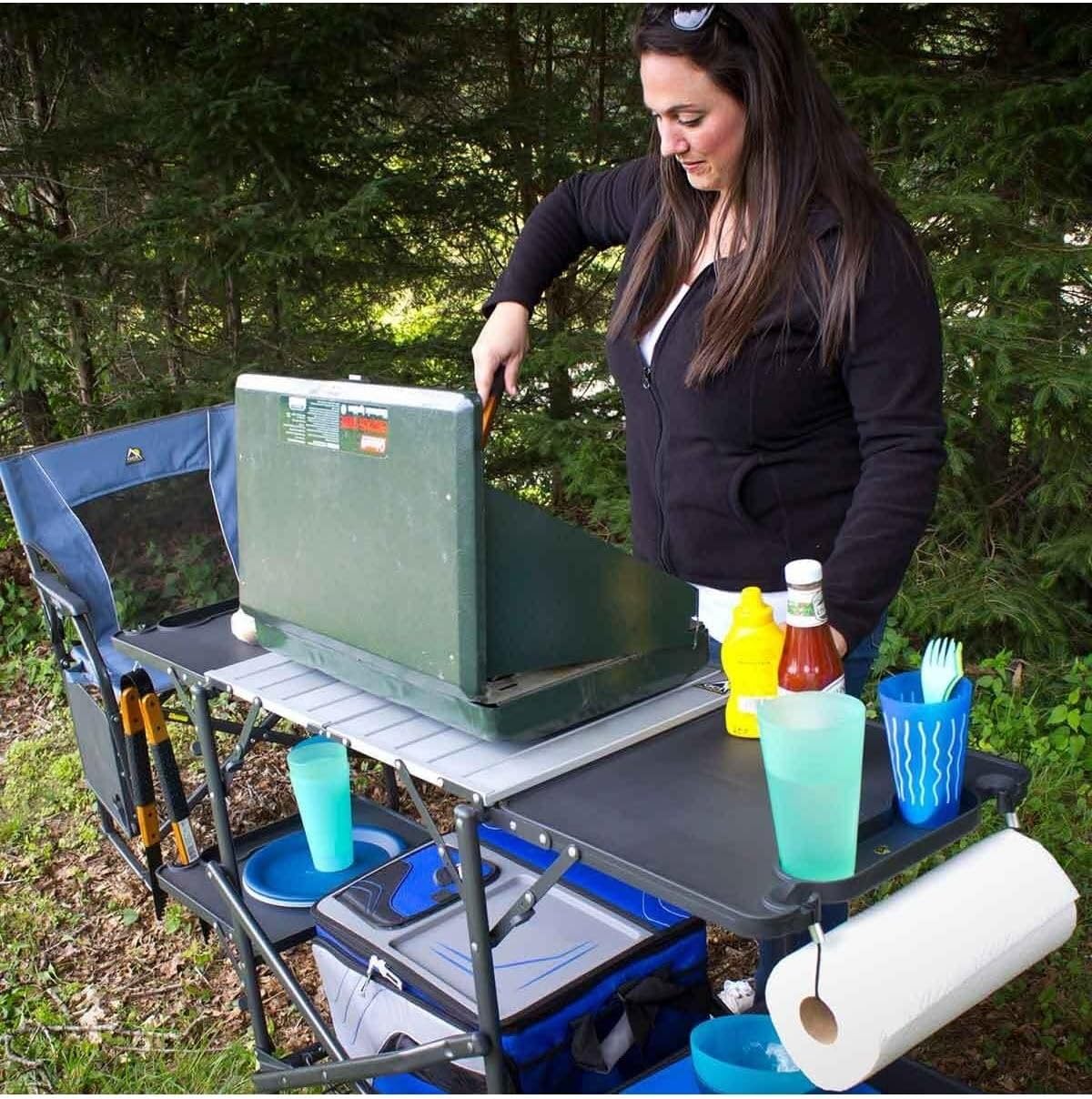 Mesa de cocina portátil plegab - Camping Cooking Table With Storage reseña y precio